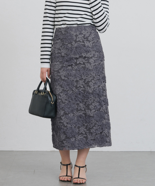 新品タグ繊細なヒマワリの花★シアー総レーススカート☆ディホリック シアーフラワー刺繍ラップ風スカート洗濯機洗い可（ミモレスカート