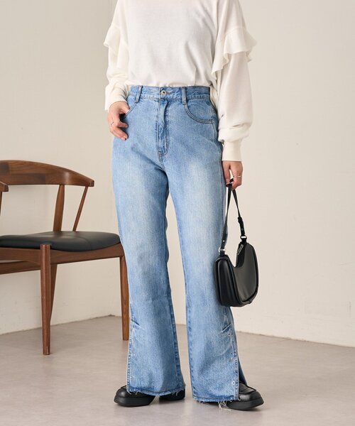 Kastane（カスタネ）の「【低身長サイズ/高身長サイズ/3サイズ展開】B ボタンスリットデニム（デニムパンツ・レディース・ブラック/ブルー・2/1/0）」の8枚目の写真