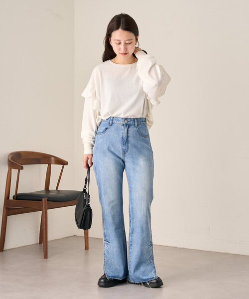 Kastane（カスタネ）の「【低身長サイズ/高身長サイズ/3サイズ展開】B ボタンスリットデニム（デニムパンツ・レディース・ブラック/ブルー・2/1/0）」の9枚目の写真