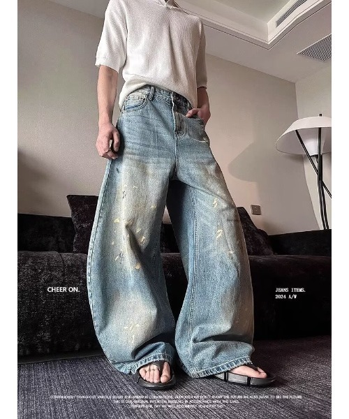 セール】ダメージ ワイド ストレート デニム パンツ（デニムパンツ