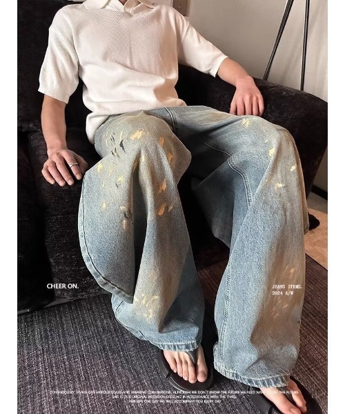 ダメージ ワイド ストレート デニム パンツ（デニムパンツ