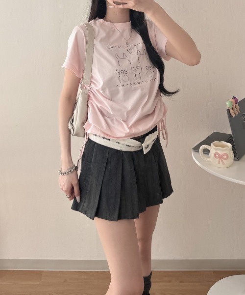 nemne store(ネンネストア)の「リボンギャザーアソートTシャツ(Tシャツ/カットソー・レディース・アイボリー/オフホワイト/ブラック系/ホワイト/ブラック系1/ピンク系・SMALL/MEDIUM)」の6枚目の写真