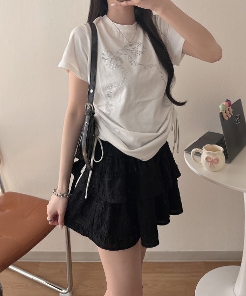 nemne store(ネンネストア)の「リボンギャザーアソートTシャツ(Tシャツ/カットソー・レディース・アイボリー/オフホワイト/ブラック系/ホワイト/ブラック系1/ピンク系・SMALL/MEDIUM)」の1枚目の写真