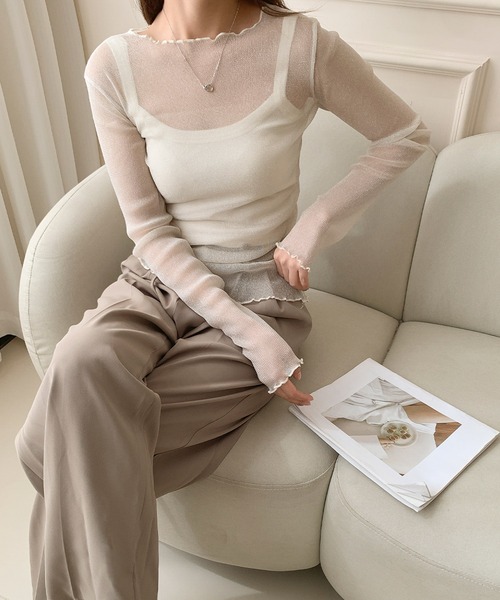 LOWO（ロワ）の「シースルートップス 長袖 ラメ チュール メロウ メロー シアートップス レイヤードトップス 結婚式 パーティー オケージョン お呼ばれ（Tシャツ/カットソー・レディース・グレー/ブラック/ホワイト/モカ/ベージュ・FREE）」の5枚目の写真