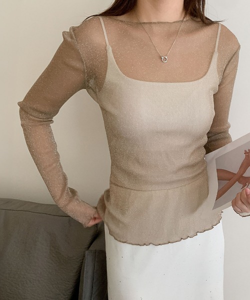 LOWO（ロワ）の「シースルートップス 長袖 ラメ チュール メロウ メロー シアートップス レイヤードトップス 結婚式 パーティー オケージョン お呼ばれ（Tシャツ/カットソー・レディース・グレー/ブラック/ホワイト/モカ/ベージュ・FREE）」の4枚目の写真
