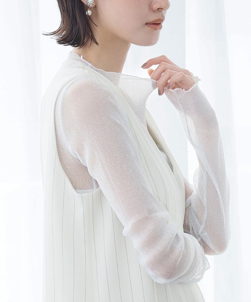 LOWO（ロワ）の「シースルートップス 長袖 ラメ チュール メロウ メロー シアートップス レイヤードトップス 結婚式 パーティー オケージョン お呼ばれ（Tシャツ/カットソー・レディース・グレー/ブラック/ホワイト/モカ/ベージュ・FREE）」の7枚目の写真