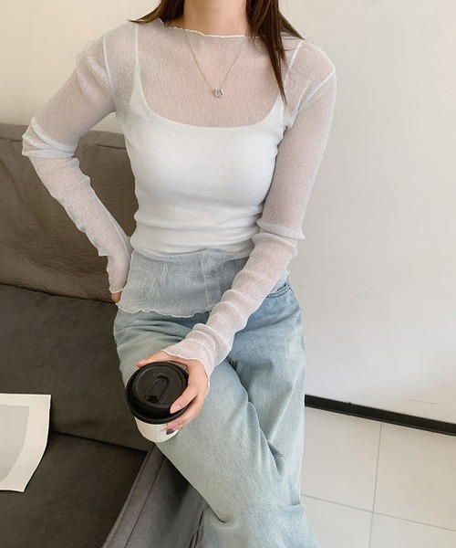 LOWO（ロワ）の「シースルートップス 長袖 ラメ チュール メロウ メロー シアートップス レイヤードトップス 結婚式 パーティー オケージョン お呼ばれ（Tシャツ/カットソー・レディース・グレー/ブラック/ホワイト/モカ/ベージュ・FREE）」の8枚目の写真
