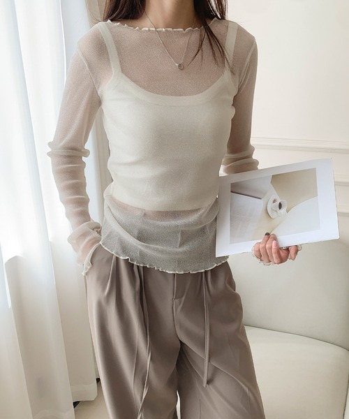 LOWO（ロワ）の「シースルートップス 長袖 ラメ チュール メロウ メロー シアートップス レイヤードトップス 結婚式 パーティー オケージョン お呼ばれ（Tシャツ/カットソー・レディース・グレー/ブラック/ホワイト/モカ/ベージュ・FREE）」の15枚目の写真