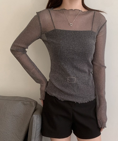 LOWO（ロワ）の「シースルートップス 長袖 ラメ チュール メロウ メロー シアートップス レイヤードトップス 結婚式 パーティー オケージョン お呼ばれ（Tシャツ/カットソー・レディース・グレー/ブラック/ホワイト/モカ/ベージュ・FREE）」の21枚目の写真