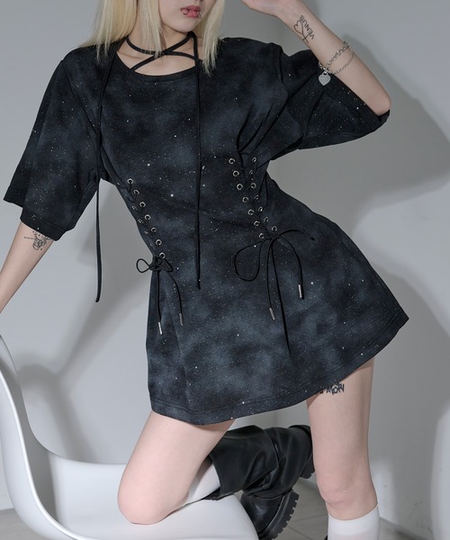【AWL】 Ellno de Mavie lame sweat lace up lame sweat lace up OP / ラメスウェットレースアップワンピ