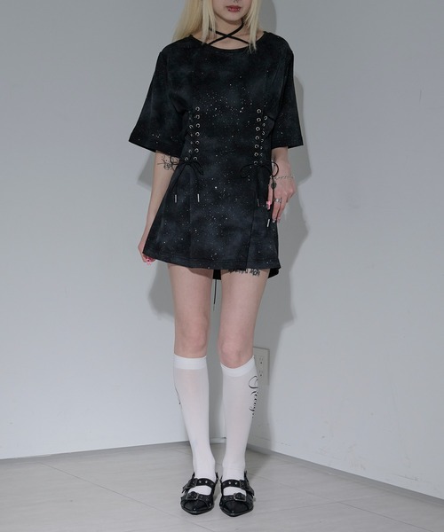 Ellno de Mavie ワンピース Tシャツ ラメ ホワイト 白 F Ellno de Mavie シャツワンピース ラッフルデザインシアー
