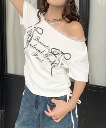 リボンプリントサイドドロストレースネックTシャツ