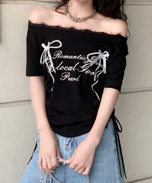 SHEENA(シーナ)の「リボンプリントサイドドロストレースネックTシャツ(Tシャツ/カットソー・レディース・グレー/ブラック/ホワイト・M)」の10枚目の写真
