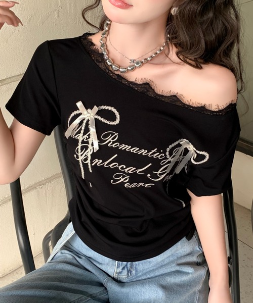 SHEENA(シーナ)の「リボンプリントサイドドロストレースネックTシャツ(Tシャツ/カットソー・レディース・グレー/ブラック/ホワイト・M)」の11枚目の写真