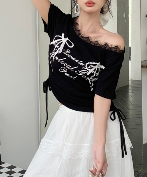 SHEENA(シーナ)の「リボンプリントサイドドロストレースネックTシャツ(Tシャツ/カットソー・レディース・グレー/ブラック/ホワイト・M)」の12枚目の写真