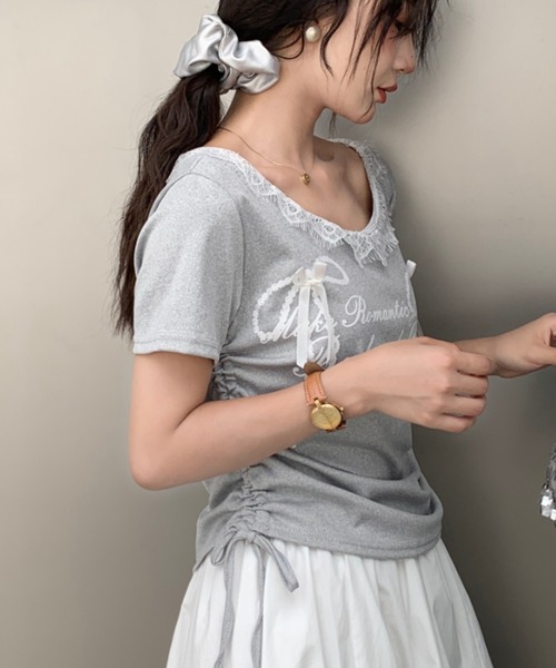 SHEENA(シーナ)の「リボンプリントサイドドロストレースネックTシャツ(Tシャツ/カットソー・レディース・グレー/ブラック/ホワイト・M)」の13枚目の写真