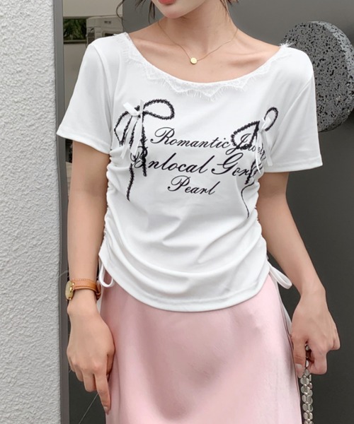 SHEENA(シーナ)の「リボンプリントサイドドロストレースネックTシャツ(Tシャツ/カットソー・レディース・グレー/ブラック/ホワイト・M)」の14枚目の写真