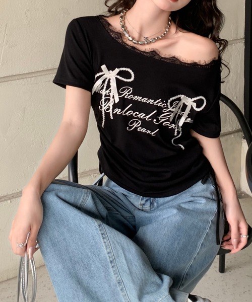 SHEENA(シーナ)の「リボンプリントサイドドロストレースネックTシャツ(Tシャツ/カットソー・レディース・グレー/ブラック/ホワイト・M)」の15枚目の写真