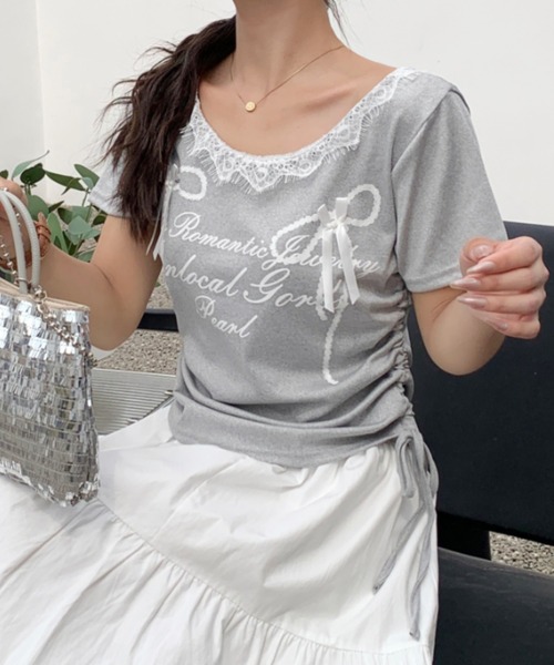 SHEENA(シーナ)の「リボンプリントサイドドロストレースネックTシャツ(Tシャツ/カットソー・レディース・グレー/ブラック/ホワイト・M)」の18枚目の写真