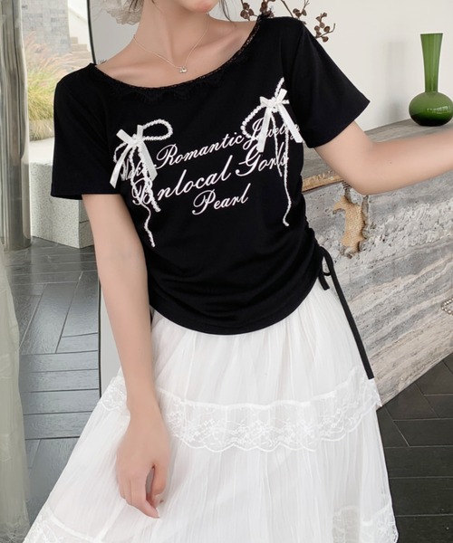 SHEENA(シーナ)の「リボンプリントサイドドロストレースネックTシャツ(Tシャツ/カットソー・レディース・グレー/ブラック/ホワイト・M)」の21枚目の写真