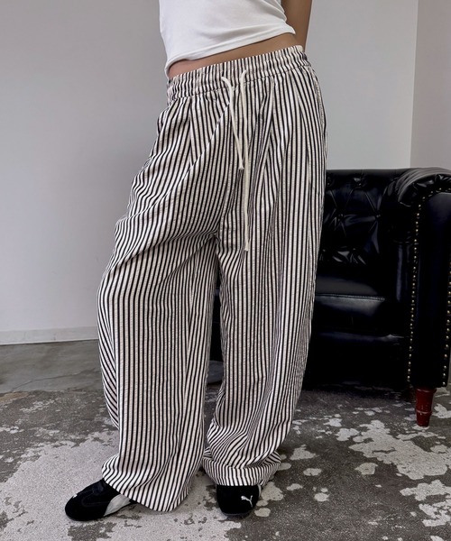 ワイドパンツ ストライプ オールインワン ウエストベルト 韓国 410Q99KJw8L.jpg