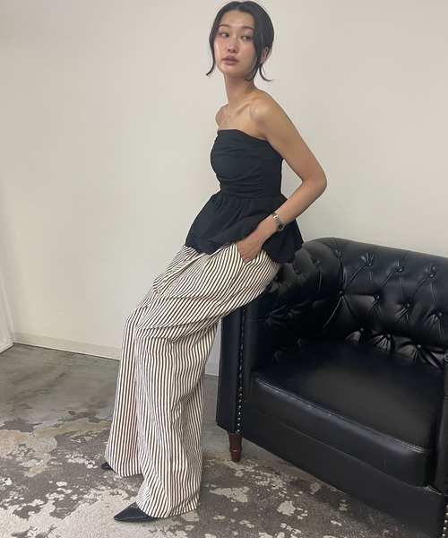 新品未使用★定価21,000円♪ストライプ ゴムウエスト ワイドパンツ REAL STYLE（ファッション） ワイドパンツ レディース 夏