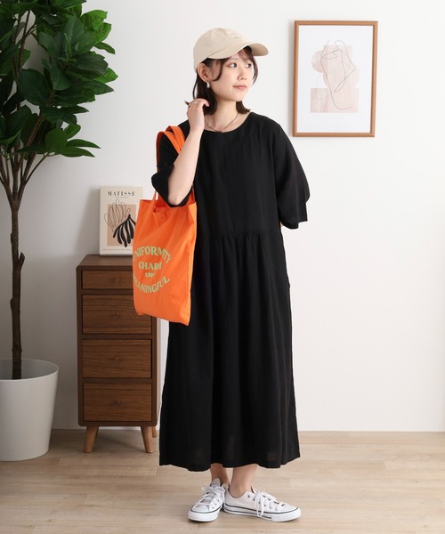 A.N.L(エーエヌエル レーベル)の「A.N.L 麻混ベーシックワンピース(ワンピース・レディース・ブラック/カーキ・38)」の1枚目の写真