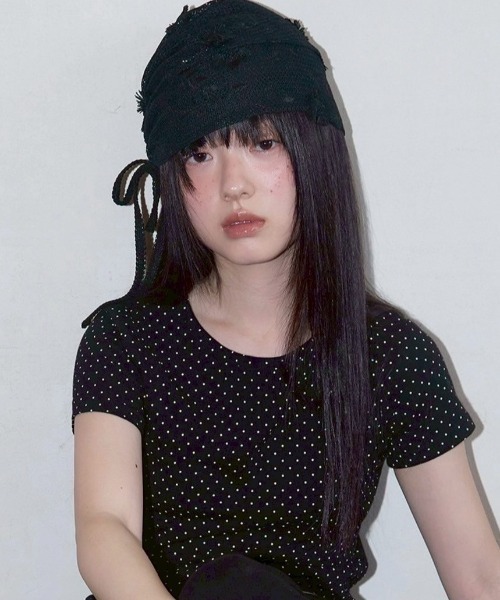 NOFFICIALNOFFICE★韓国★CHIFFON CORSAGE LACE BEANIE 2色/追跡 FANCY CLUB】Lace Ribbon Shirring Beanie(ニットキャップ