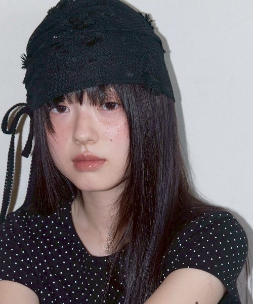 gypsohila Ribbon Knit Beanie ネイビー FANCY CLUB】Lace Ribbon Shirring Beanie（ニットキャップ