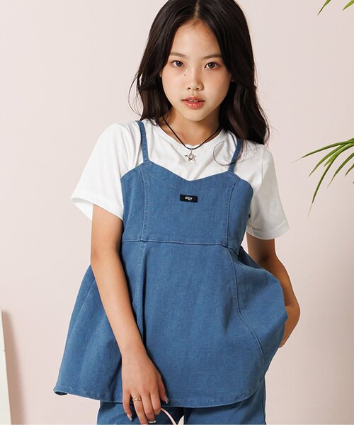 algy(アルジー)の「デニムビスチェ&Tセット(Tシャツ/カットソー・キッズ・ブラック/サックスブルー・X-SMALL/MEDIUM/SMALL/XX-SMALL)」の1枚目の写真