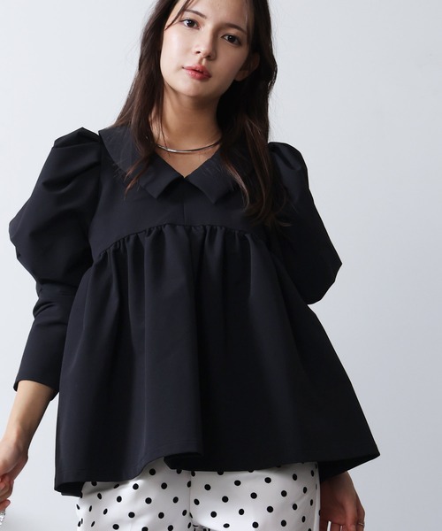 PICCIN PERLA（ピッチンペルラ）の「ビッグカラーペプラムブラウス（シャツ/ブラウス・レディース・アイボリー/ブラック・M）」の10枚目の写真