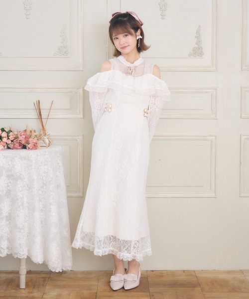 【美品】レース使いウエストリボンモチーフワンピース Tiaclasse ワンピース 【洗える】スタイルアップも叶うリボン
