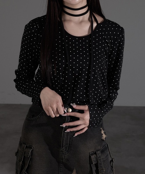 apres jour mignon（アプレジュールミニョン）の「ドット柄チョーカートップス（Tシャツ/カットソー・レディース・ブラック/グレー/アイボリー・X-LARGE/フリー）」の3枚目の写真