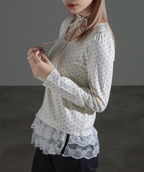 apres jour mignon（アプレジュールミニョン）の「ドット柄チョーカートップス（Tシャツ/カットソー・レディース・ブラック/グレー/アイボリー・X-LARGE/フリー）」の12枚目の写真