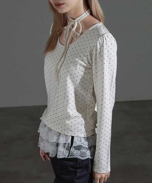 apres jour mignon（アプレジュールミニョン）の「ドット柄チョーカートップス（Tシャツ/カットソー・レディース・ブラック/グレー/アイボリー・X-LARGE/フリー）」の15枚目の写真