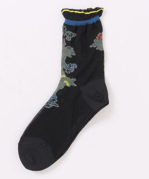 SUPER HAKKA（スーパーハッカ）の「ラインフラワージャカードソックス（ソックス/靴下・レディース・オフホワイト/チャコール/ブルー・FREE）」の2枚目の写真
