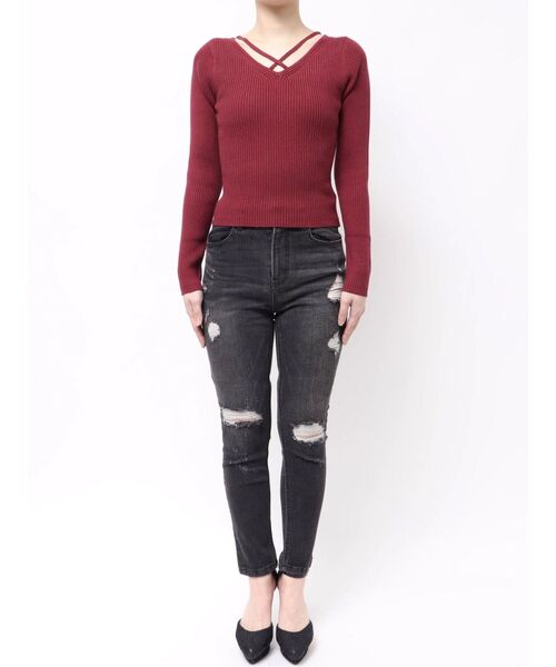 RESEXXY（リゼクシー）の「デコルテクロスニットトップス（ニット/セーター・レディース・グリーン/ホワイト/ブラック/ベージュ/レッド・FREE）」の17枚目の写真