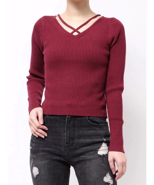 RESEXXY（リゼクシー）の「デコルテクロスニットトップス（ニット/セーター・レディース・グリーン/ホワイト/ブラック/ベージュ/レッド・FREE）」の13枚目の写真