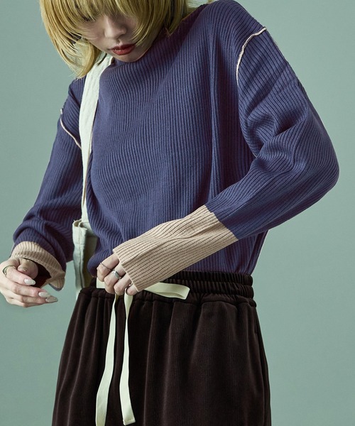 Fashion Letter(ファッションレター)の「配色リブニット ボトルネック プルオーバー(ニット/セーター・レディース・アイボリー/ブラック/ブルー/ベージュ・M)」の4枚目の写真