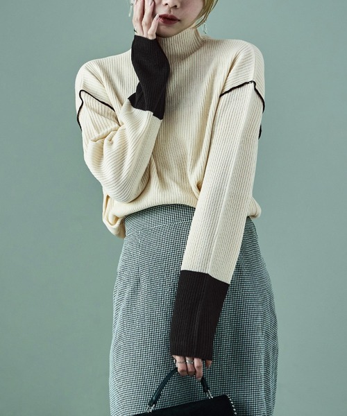 Fashion Letter(ファッションレター)の「配色リブニット ボトルネック プルオーバー(ニット/セーター・レディース・アイボリー/ブラック/ブルー/ベージュ・M)」の7枚目の写真