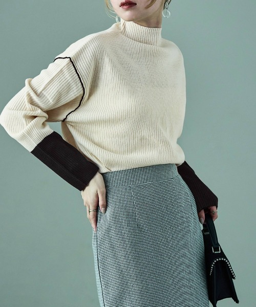 Fashion Letter(ファッションレター)の「配色リブニット ボトルネック プルオーバー(ニット/セーター・レディース・アイボリー/ブラック/ブルー/ベージュ・M)」の8枚目の写真