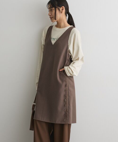 CRAFT STANDARD BOUTIQUE(クラフトスタンダードブティック)の「レース付きピンストライプジャンパースカート(ジャンパースカート・レディース・ブラウン系その他4/グレー系その他2・FREE)」の7枚目の写真