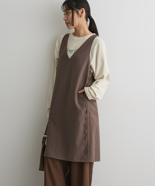 CRAFT STANDARD BOUTIQUE(クラフトスタンダードブティック)の「レース付きピンストライプジャンパースカート(ジャンパースカート・レディース・ブラウン系その他4/グレー系その他2・FREE)」の2枚目の写真