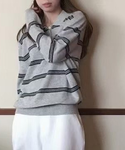LYEON（リヨン）の「ボーダーニットポロシャツ（ポロシャツ・レディース・ブラウン/オフホワイト/グレー/チャコールグレー・FREE）」の3枚目の写真