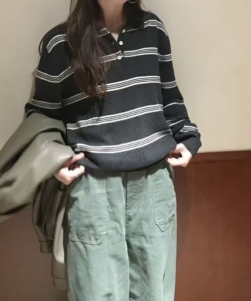 LYEON（リヨン）の「ボーダーニットポロシャツ（ポロシャツ・レディース・ブラウン/オフホワイト/グレー/チャコールグレー・FREE）」の6枚目の写真