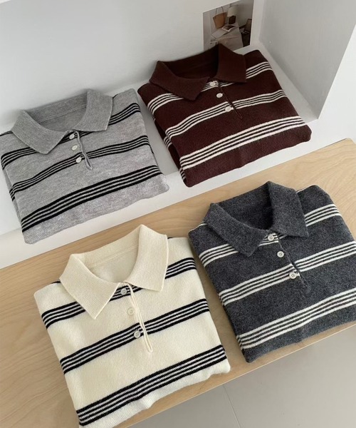 LYEON（リヨン）の「ボーダーニットポロシャツ（ポロシャツ・レディース・ブラウン/オフホワイト/グレー/チャコールグレー・FREE）」の15枚目の写真