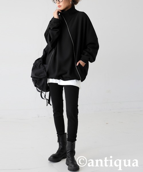 斜めZIP 裏起毛 ジョーゼットジャケット（ブルゾン）｜antiqua