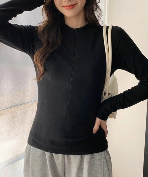 cammie(キャミー)の「ハーフジップトップス(Tシャツ/カットソー・レディース・ダークグレー/アイボリー/ブラック・M/L)」の2枚目の写真