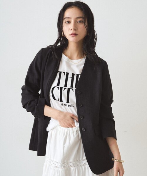 LOUNGEDRESS（ラウンジドレス）の「リネンノーカラージャケット（ノーカラージャケット・レディース・ブラック/ベージュ・FREE）」の3枚目の写真