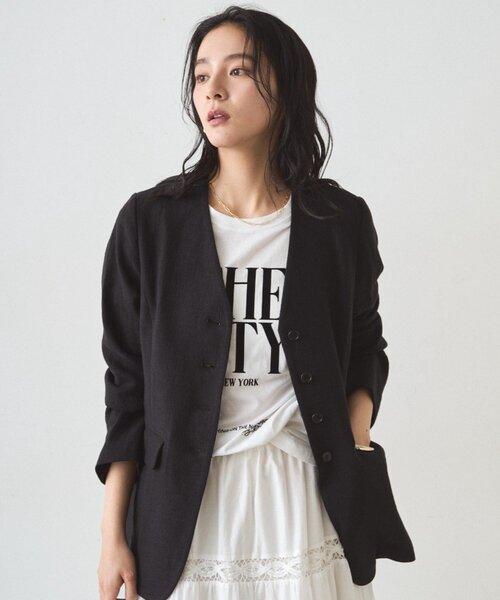 LOUNGEDRESS（ラウンジドレス）の「リネンノーカラージャケット（ノーカラージャケット・レディース・ブラック/ベージュ・FREE）」の4枚目の写真